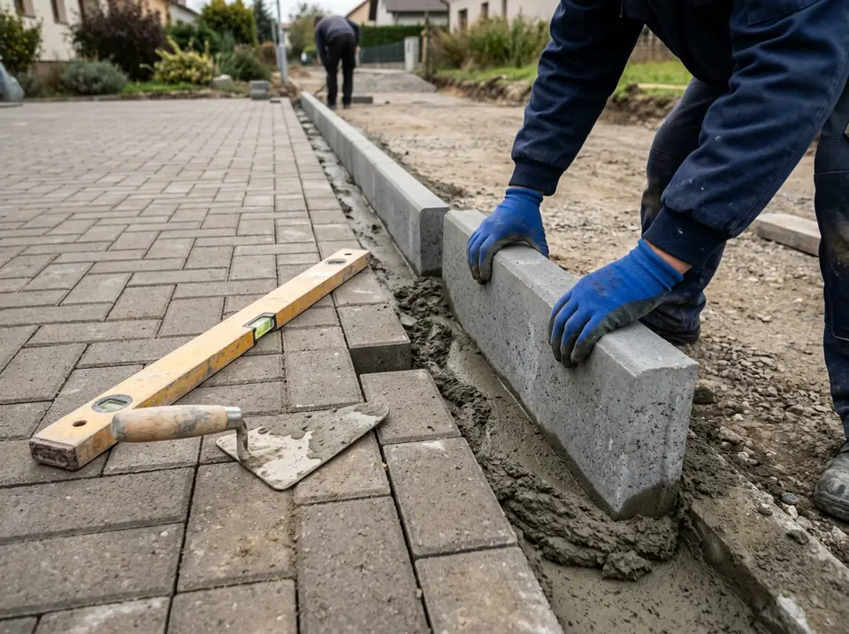 Kesztyűs kéz szegélykövet igazít friss habarcságyba a frissen lerakott térkő széle mentén, mellette vízmérték és kőműveskanál